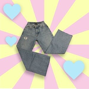 BDG Vintage Wide High-Rise Jeans Sz 24 Blue Button‎ Fly Frayed Hem Rigid Denim